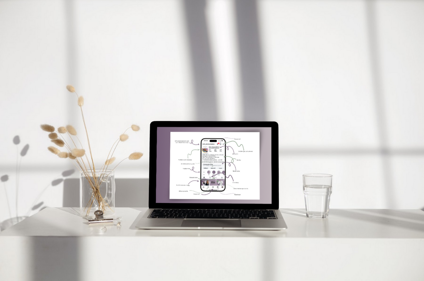 Skrivbord med en dator som visar Instagrams olika delar. 