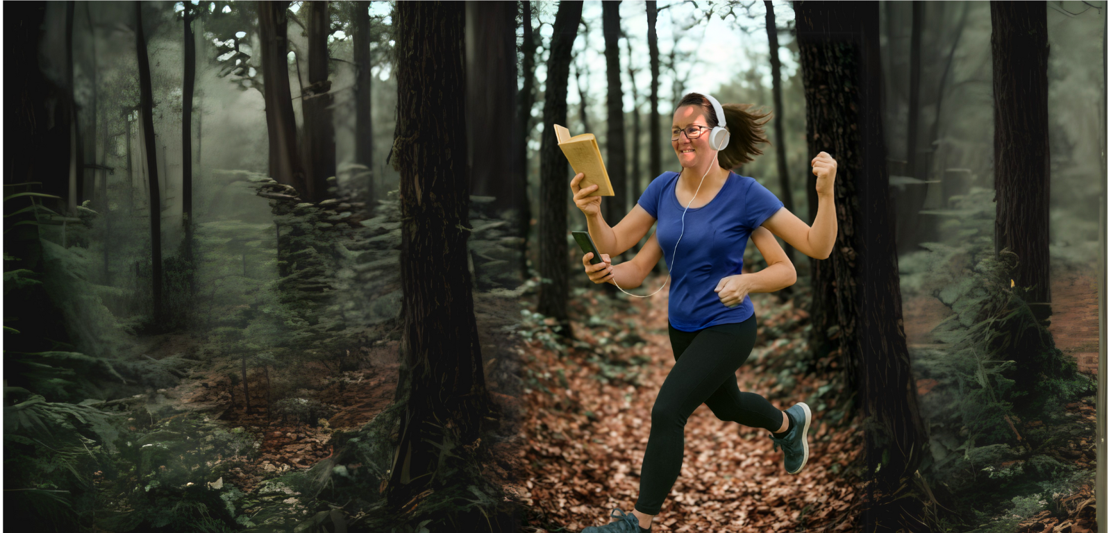 En kvinna som springer i skogen med fyra armar samtidigt som hon håller i en telefon för att lyssna, en bok för att läsa