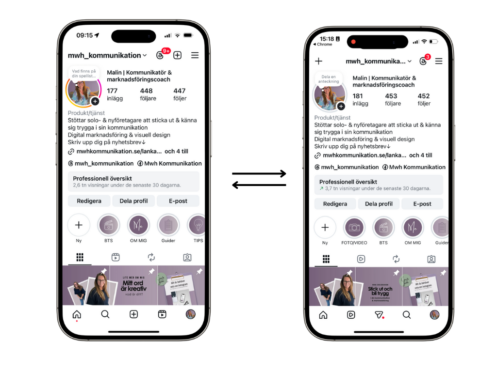Bilder på två mobiler som visar Instagram-profil före och efter det nya utseendet